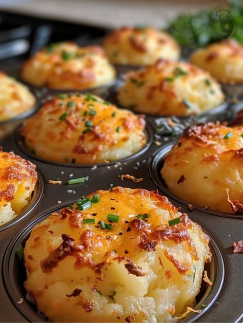 Swiss Potato Puffs, Mashed Potato Cupcakes, Mashed Vegetable Recipes, Mashed Potato Cups Muffin Tins, Mashed Potato Puffs Muffin Tins, Mashed Potato Muffins, Mashed Potato Muffins Recipe, Potato Souffle Recipes, Potato Puffs Recipe