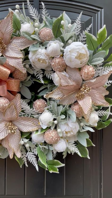 I love using white peonies and variegated ficus in my wreaths! Wreath With Peonies, Peony Christmas Wreath, Peony Wreath Front Doors, White Peony Wreath, Variegated Ficus, White Peonies, Peonies, Wreath, I Love