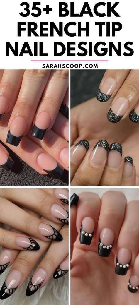 Ombré French Tip Black, Black And White Tip Acrylic Nails, Nails Acrylic Square Short French Tip, Short Square French Tip Nail Designs, Black Tie Nail Designs, Black And Silver French Nails, Black Nail French Tip Designs, Black Nail Tips French Manicures, Tuxedo Nails French