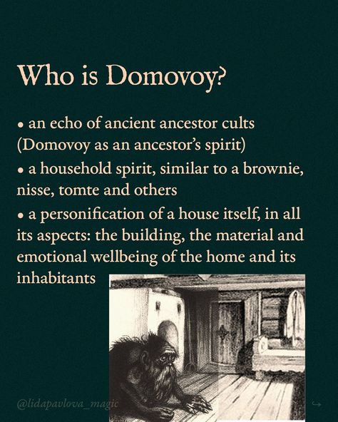 Meet one of the most loved and respected beings in Slavic folklore. People believe in Domovoy and honor him. As a witch from Russia (living in Serbia), I’m happy to tell you more about this household spirit🤎 See my Slavic folklore highlights for more: goddesses, gods, and, of course, Baba Yaga🧙🏻‍♀️ With love for all magical beings, @lidapavlova_magic Veles Slavic God, Slavic Witchcraft, Slavic Witch, Vampire Love Story, Slavic Goddess, Slavic Paganism, Magical Beings, Myths & Monsters, Slavic Mythology