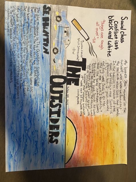 Oil pastels, colored pencils, and ShArPiE One Pagers Aesthetic, All About Me One Pager Ideas, One Pager Examples Aesthetic, The Outsiders Project, The Outsiders One Pager, One Pager Ideas, One Pagers, Love Book Quotes, The Outsiders 1983