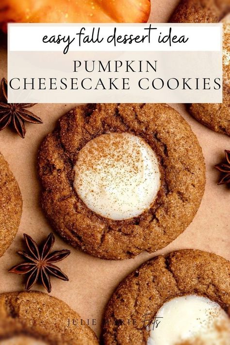 When it comes to the perfect fall dessert idea, these thumbprint cookies made with pumpkin spice and cheesecake filling are a delicious fall treat. They are delicious Thanksgiving desserts as well as an easy pumpkin cookie idea. Follow Julie Marie Eats for more cookie recipes and pumpkin recipes. Pumpkin Christmas Cookies, Pumpkin Thumbprint Cookies, Julie Marie Eats, Cheesecake Thumbprint Cookies, Best Pumpkin Cheesecake, Pumpkin Spice Cookie Recipe, Pumpkin Cheesecake Cookies, Delicious Thanksgiving Desserts, Pumpkin Cookies Easy