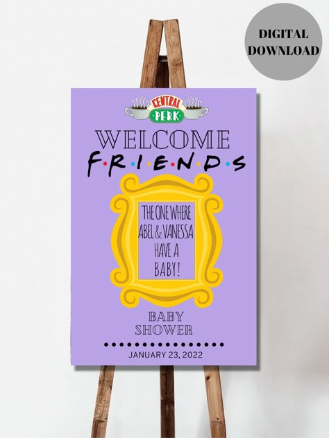 Friends Themed Baby Shower Ideas, Friends Baby Shower Ideas, Friends Baby Shower Theme, Canva Sizes, Baby Shower Theme Decorations, Baby Mine, Baby Gender Reveal, Reveal Ideas, Baby Shower Theme