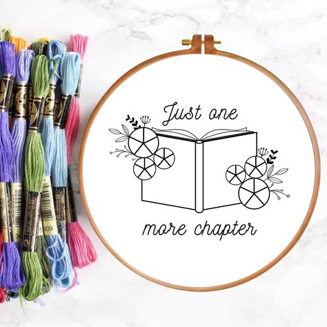 "Just one more chapter" book lover PDF instant download modern hand embroidery pattern. Perfect for beginners or advanced skills! ⭐️WHAT YOU WILL RECEIVE: ~8.5x11 PDF file with hand embroidery pattern to fit six sizes of hoops: 3", 4", 5", 6", 7" and 8". ~PDF File with tips for transferring image to fabric ⭐️HOW YOU RECEIVE YOUR PURCHASE: ~The file will be delivered electronically within minutes of your confirmed payment.  ~An email will be sent to the address you have associated with your Etsy Books Embroidery Pattern, Embroidery Modern Patterns, Book Embroidery Design, Embroidery Template Modern, Book Embroidery Pattern, Bookish Embroidery, Embroidery Patterns Free Templates, Handkerchief Design, Book Embroidery