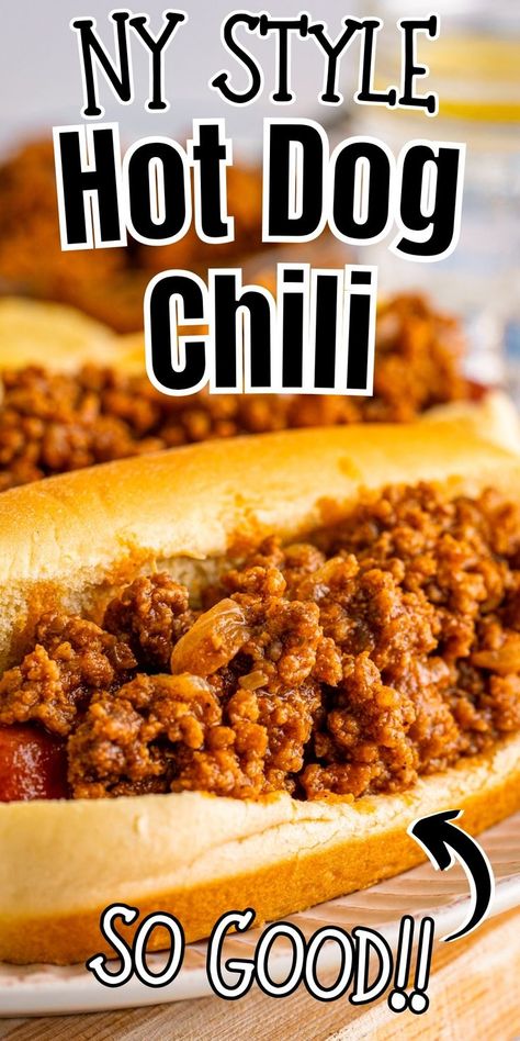 The best hot dog chili recipe! It’s meaty, flavorful, and even makes a delicious meal on its own topped with cheese and your favorite chili toppings. You’ll never go back to canned hot dog chili again! New York Chili Dogs, Chili Recipe For Chili Dogs, Best Chili For Chili Dogs, Chilli Recipe For Hot Dogs, Spicy Hot Dog Chili Recipe, Spicy Hot Dog Sauce, Best Chili For Hot Dogs, Chilli Dog Sauce Recipe, Jeff’s Hot Dog Chili