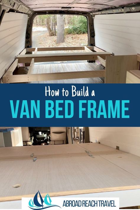 Step by step instructions for building a camper van bed frame, including materials and tool lists.  #vanbuild #campervan #vanconversion #vanbed #abroadreachtravel Van Bed Build, Van Bed Frame, Suv Conversion, Micro Campers, Caravan Life, Caddy Camper, Beach Van, Dream Camper, Girls Vans