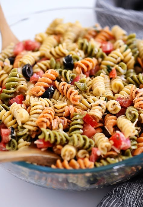 Tri Color Pasta Salad Color Pasta Salad, Tri Color Pasta Salad, Chicken Pesto Pasta Salad, Rotini Pasta Salad, Tri Color Pasta, Pepperoni Recipes, Salad Appetizer Cups, Colored Pasta, Cold Salads