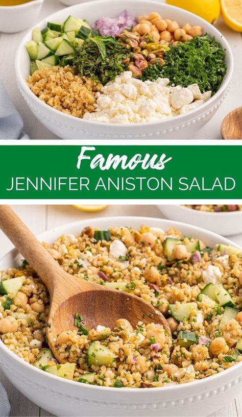 The Famous Jennifer Aniston Salad recipe has become a viral sensation on social media, for good reason. Featuring wholesome ingredients and a fresh dressing! Jennifer Aniston Quinoa Salad Recipe, 30 Min Meals, Jennifer Aniston Salad Recipe, Salads Recipes, Everyday Salad, Jennifer Aniston Salad, Aniston Salad, Cheap Healthy Dinners, Best Salad