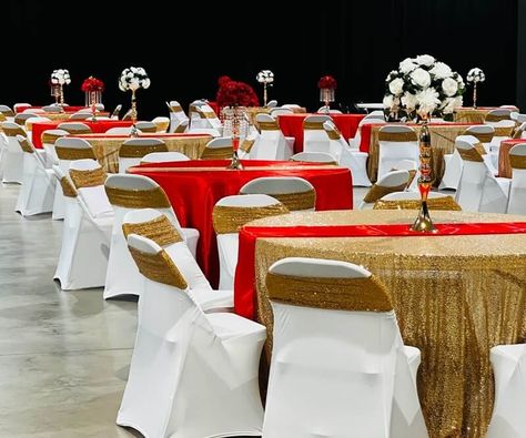 Red White And Gold Party Decorations, Red And Gold Table Setting, Red White And Gold Wedding, Red Sequin Tablecloth, Rock And Roll Theme Party, Red Tablescape, Gold Chair Covers, Red Table Decorations, Round Table Settings