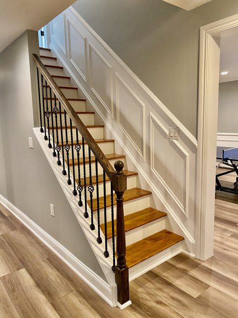 staircase with custom trimwork Stairway Molding Trim Work, Staircase Molding Ideas, Staircase With Molding, Paneling On Staircase, Wall Trim On Stairs, Wainscoting For Stairs, Box Trim Staircase, Stairway Trim Wainscoting, Waynes Coating Staircase