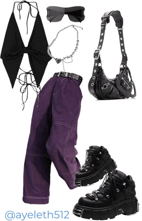 Grunge Purple Outfit, Y2k Purple Outfit, Purple Concert Outfit, Cute Purple Outfits, Purple Grunge Outfits, Purple And Black Outfits, Dark Purple Outfit, Black And Purple Outfit, Punk Fashion Women