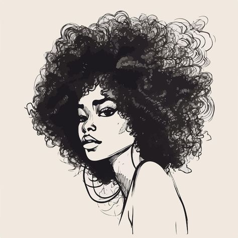 Black Woman Sketch Drawing, Black Woman With Afro Drawing, Afro Women Drawing, Black Afro Drawing, Afro Woman Illustration, Afro Hair Sketch, Afro Graphic Design, Afro Hair Tattoo, Flower Hair Drawing