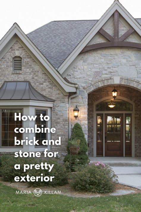 Brick And Stone Home Exterior Color Combos Craftsman Style, All Stone Exterior House, Light Stone And Brick House Exterior, Painted Brick Stone Exterior, American Stone House, Mix Brick And Stone Exterior, Home Exterior Brick And Stone, Adding Architectural Detail Exterior, Houses With Brick And Stone Exterior