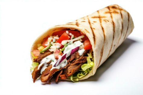 doner kebab isolated on white background AI Generated Kebab Aesthetic, Döner Kebab, Doner Kebab, Cheese Dog, Food Poster Design, Kebabs, Food Poster, Food Obsession, Custom Logo Design