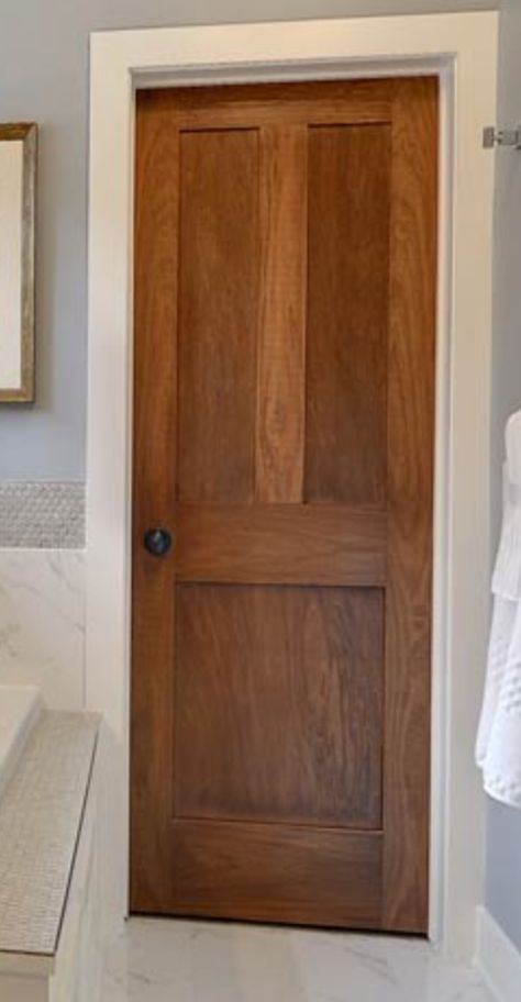 Pine Doors Interior White Trim, Wooden Doors White Trim, Cedar Interior Doors, Stained Door White Trim, White Trim Brown Doors, Craftsman Interior Doors Stained, White Trim With Stained Doors, Stained Flat Panel Doors, Brown Doors White Trim