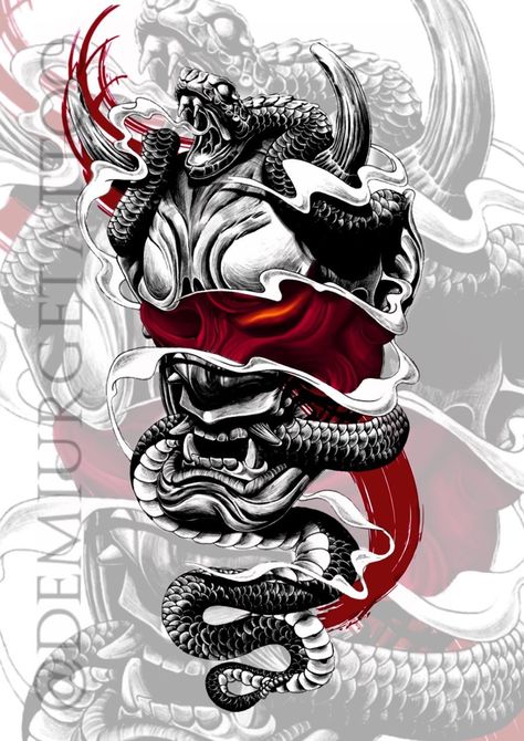 Snake And Oni Mask Tattoo, Oni Mask And Snake Tattoo, Irezumi Snake Tattoo, Coloring Tattoo, Japanese Warrior Tattoo, Japanese Demon Tattoo, Oni Mask Tattoo, Oni Tattoo, Hannya Mask Tattoo