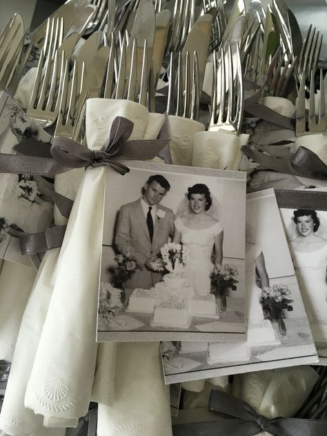 We copied their wedding picture, 2 up on 4x6 photo paper, then added the silver ribbon to wrap up the silverware in a basic white napkin.  We stepped it up for this silver anniversary wedding party! Guests love! 25 Wedding Anniversary Party Ideas Silver, Silver Wedding Anniversary Decorations, 60th Wedding Anniversary Decorations, 25th Wedding Anniversary Decorations, Silver Anniversary Party, 25th Anniversary Decorations, 60th Wedding Anniversary Party, Gifts For Him Anniversary, 50th Wedding Anniversary Decorations