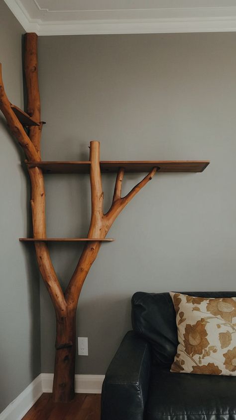 Upgrade your bedroom with these beautiful DIY Tree Branch Shelves Embrace the grunge vibe and create a cozy corner in your room with these floating wall shelves supported by rustic tree branch brackets Follow our step-by-step tutorials to add a touch of nature to your home decor with plant wall shelves and tree branch shelves Tree Branch Interior, Tree Branch Shelf Diy, Diy Above Window Shelf, Tree Trunk Shelves, Diy Floor Shelf Ideas, Tree Branch Headboard, Tree Shelves Diy, Tree Branch Plant Stand, Narrow Shelving Ideas