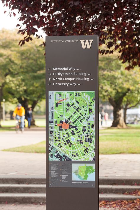 UW wayfinding guide signs by Studio Matthews; photo by William Wright, October 2016 Map Signage, Transport Map, North Campus, Map Signs, Wayfinding Signs, Campus Map, Wayfinding Design, Guide Sign, Exterior Signage