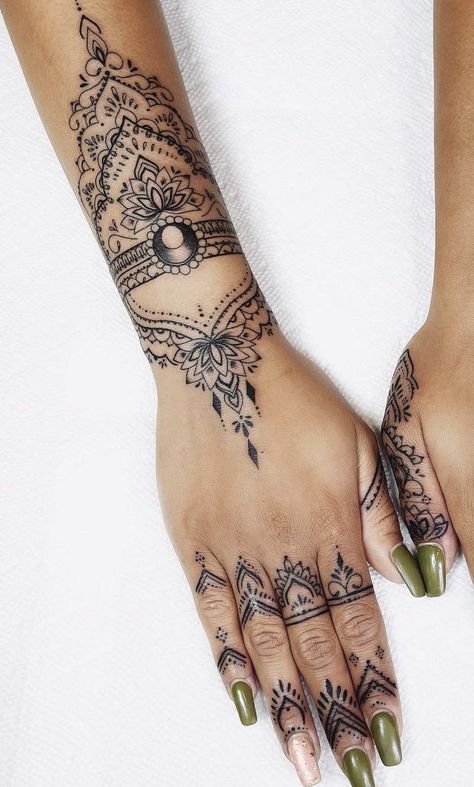 Sacred Geometry Hand Tattoo Women, Chandelier Bracelet Tattoo, Mandela Finger Tattoos, Lace Mandala Tattoo Hand, Mandala Hand Tattoo For Women Stencil, Hand Tats For Women Mandala, Bohemian Hand Tattoos, Mandela Tattoo Hand, Mandala Finger Tattoo For Women