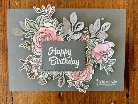 Stampin' Up! Layers of Beauty Basic Gray Card   - What Cathy Made Stampin Up Birthday Cards, Background Stamps, Bloom Where Youre Planted, Diy Greeting Cards, Swap Ideas, Summer Cards, Letter Stamps, Mask Ideas, Beauty Bundle