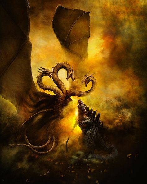 King Ghidorah Art, Ghidorah Art, Godzilla Vs King Ghidorah, Monsterverse Godzilla, Godzilla Franchise, Godzilla King Of The Monsters, Godzilla Monsters, Blackboard Art, King Ghidorah