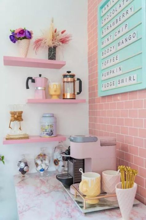 My favorite coffee bar at Casa Kumwesu is designed with pink brick wall paper, pastel wall art frame, coffee maker and machine, glass and ceramic jars, mug and decors and decorative trays - espresso, nespresso, coffee bar design, coffee lover, home decor, home ideas, interior design, amazon, wayfair, etsy, walmart Nespresso Coffee Bar, Pink Brick Wall, Kitschy Kitchen Decor, Pumpkin Fudge, Classic Italian Style, Coffee Bar Design, Quirky Kitchen, Nespresso Coffee, Strawberry Mint