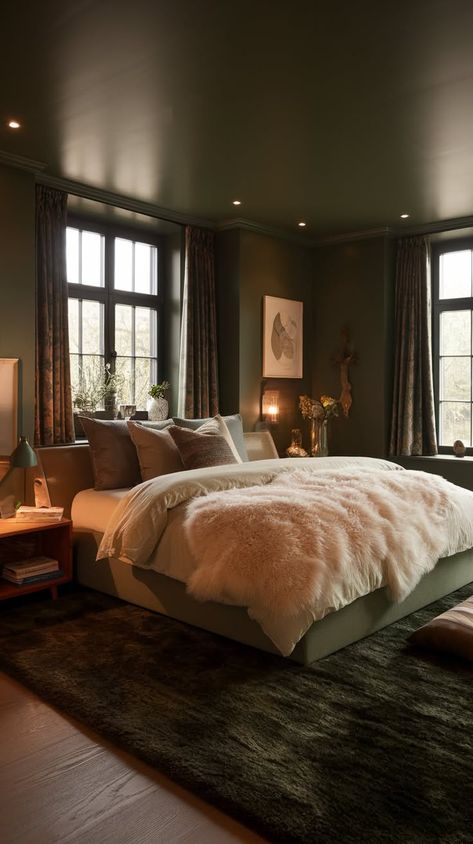 40+ Stunning Dark Green Bedroom Transformations for a Tranquil Haven Deep Green Bedding, Dark Nature Bedroom, Dark Green And Brown Bedroom, Earthy Luxury Bedroom, Green And Wood Bedroom, Dark Green And Gold Bedroom, Dark Green Room Ideas Bedroom, Brown And Green Bedroom, Green Moody Bedroom