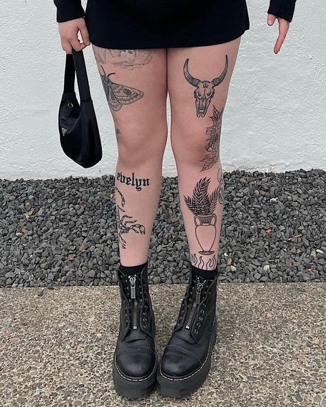 Scattered Leg Tattoos For Women, Thigh Tattoos Women Alternative, Badass Leg Tattoos For Women, Full Leg Patchwork Tattoos, Leg Tattoos Women Shin, Lily Knee Tattoo, Leg Tattoos Goth, Alt Leg Tattoos, Tattoed Legs Woman