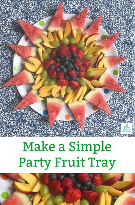 Everyone loves a fruit tray! This sun (or flower) shaped fruit tray is a super simple and beautiful design. Pack in all the fruit and have fun too. Perfect for your next picnic or pot luck party.  #fruittrayforparties #fruittrayideas #fruittrayforkids #simplefruittray #easyfruittray #summerfruitrecipe Sunshine Veggie Tray, Peace Sign Fruit Platter, Sunshine Fruit Platter, Sun Fruit Tray, Sunshine Fruit Tray, Sun Fruit Platter, Shaped Fruit Platter, Fruit Platers, Flower Shaped Fruit