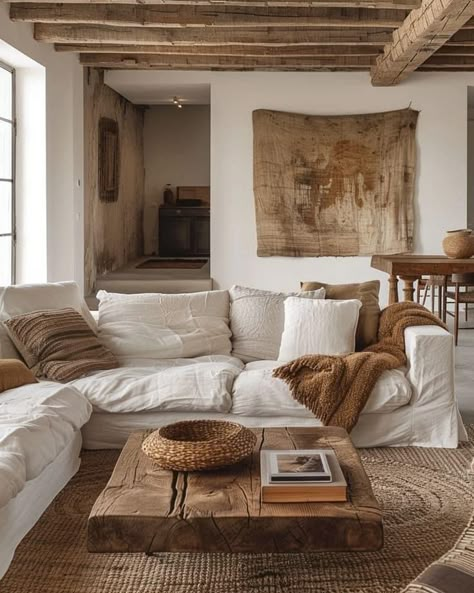 Mallorca Living Room, White Boho Living Room, Spanish Style Living Room, Spanish Living Room, Organic Modern Living Room, Earthy Living Room, Rustic Farmhouse Living Room, Brown Living Room, White Living