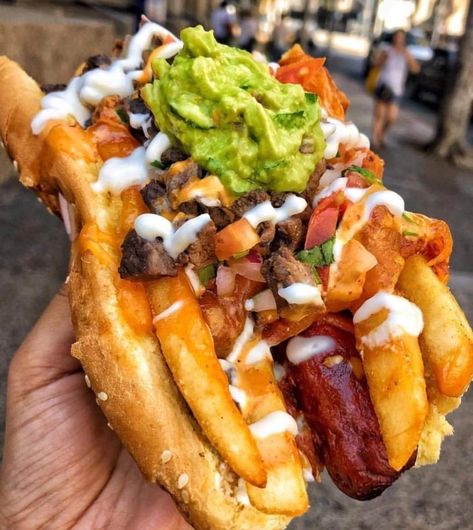 Loaded hotdog #food #meal #foods #healthyfood #keto Carne Asada Fries, Extreme Food, Iranian Food, Carne Asada, Food Goals, Recipes From Heaven, Bacon Wrapped, Food Cravings, Amazing Food