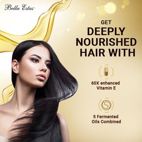 #BellaEstas comes with all-natural ingredients hair oil enriched with Tocotrienol, a super Vitamin E which not only nourishes the scalp but aid hair growth as well. #NaturalOil #HairCare #HairGrowth #GoodnessOfVirginCoconutOil #HairCareProducts #GrowHairNaturally Hair Oil Creative Ads, Hair Oil Social Media Post, Hair Growth Oil Photoshoot, Adivasi Hair Oil, Fully Vital Hair Growth System, How To Grow Natural Hair, Virgin Coconut Oil, Nourishing Hair, Hair Oil