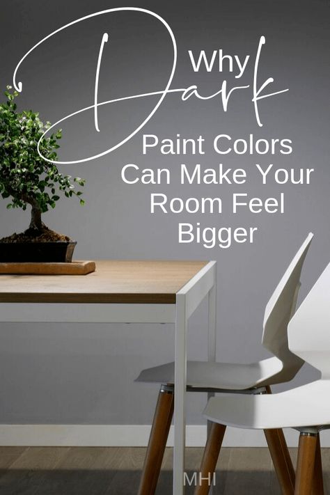 It’s true that dark colors can recede and light colors can expand but, there are a few tricks that actually make a small room feel bigger with paint. Here’s a few things to keep in mind that really helped Sandy embrace her bold wall color choice... #darkwalls  #darkwallpaint #smallroompaint #paintcolorsarehardtochoose #moodyinteriors  #darkinteriors Dark Colours Small Rooms, Best Colour For Small Living Room Wall Colors, Accent Wall Colors To Make Room Look Bigger, Bold Paint Colors For Small Rooms, Painting Small Rooms Dark Colors, Small Dining Room Dark Walls, Bedroom Paint Colors Dark, Paint To Make Room Look Bigger, Small Room Paint Color