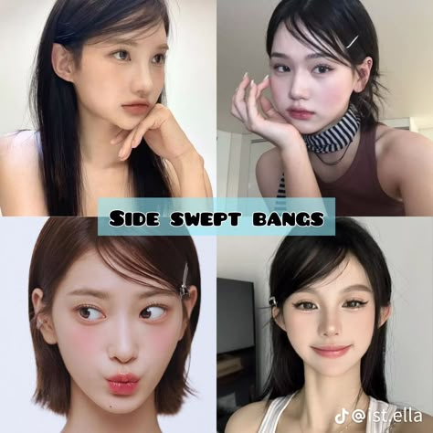 Long Swept Bangs, Will Bangs Suit Me, Asian Side Part, Side Bangs Inspo, Japanese Oblique Bangs, Side Swept Bangs Tutorial, Asian Side Bangs, Side Bangs Tutorial, Japanese Side Bangs