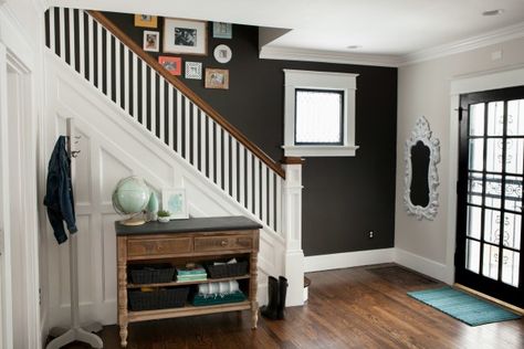 Stairs Painted Black, Accent Wall Staircase, Stairs Painted, Ideas For Stairs, Striped Accent Wall, House Tweaking, Entry Room, Black Accent Walls, Dark Grey Walls