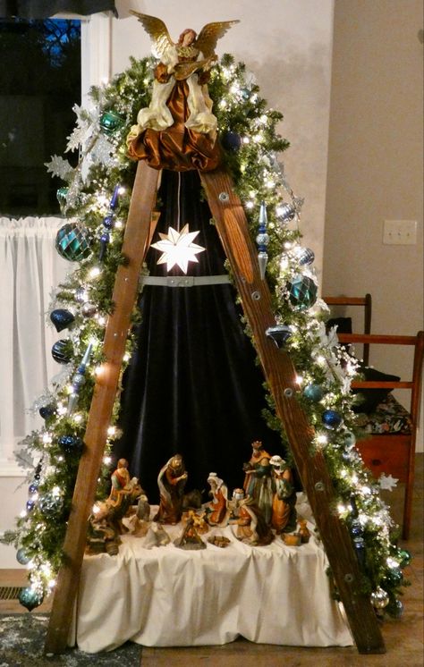 Friend gave me this old ladder . Didn’t take long to make it special! Ladder Christmas Tree With Nativity, Christmas Tree Ladder Ideas, Bethlaham Christmas, Wooden Ladder Christmas Tree, Christmas Ladder Decor, Christmas Ladders Ideas, Christmas Tree Ladder, Christmas Nativity Scene Diy, Christmas Nativity Scene Display