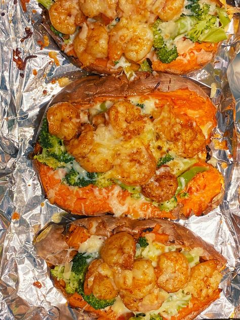 Sweet Potatoes And Shrimp, Shrimp And Sweet Potato Recipe, Pescatarian Lifestyle, Cheesy Shrimp, Thanksgiving Menu Ideas Traditional, Stuffed Baked Potatoes, Stuffed Sweet Potatoes, Broccoli Bake, Potato Pasta