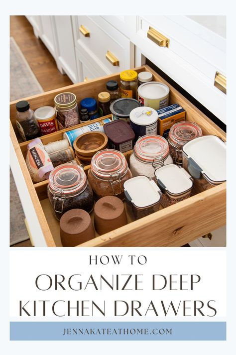 Simple ways to maximize your kitchen space with smart tips for organizing deep drawers, ensuring easy access and clutter-free storage. Deep Kitchen Drawer Organization, Deep Drawer Organization, Drawer Spice Rack, Baking Storage, Coastal Style Kitchen, Kitchen Appliance Storage, Clutter Free Kitchen, Organized Kitchen, Spice Drawer