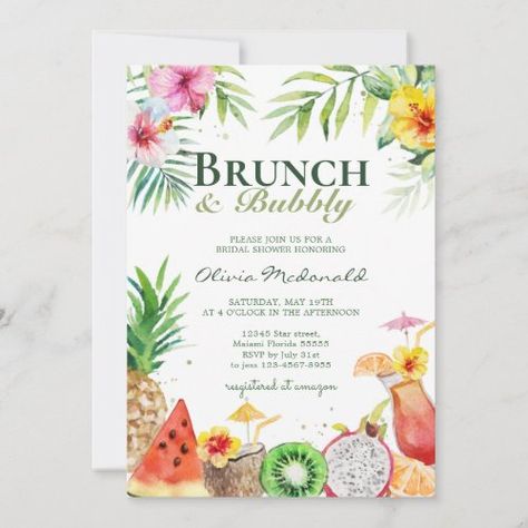 Aloha Tropical Fruits Brunch & Bubbly Invitation for $2.92 - Bridal Shower Invitations Lunch Invitation, Tropical Invitations, Fruit Wedding, Brunch Bubbly, Bridal Brunch Invitations, Tropical Bridal, Pool Party Invitations, Brunch Invitations, Flower Invitation