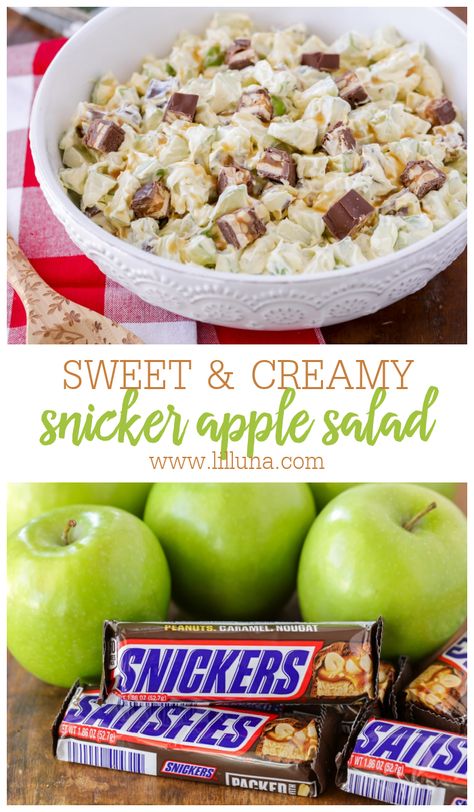 Snicker apple salad is a sweet treat, filled with texture and flavor! Bright pops of apple perfectly complement chewy chunks of Snickers. #snickerapplesalad #snickerssalad #apples #snickers #desserts Snicker Caramel Apple Salad Recipe, Milky Way Salad, Green Apple Snicker Salad, Apple Salad With Snickers, Snickers Apple Salad With Cream Cheese, Snicker Apple Salad With Cream Cheese, Easy Desserts For A Crowd Cheap, Snickers Desserts, Snicker Salad Recipe