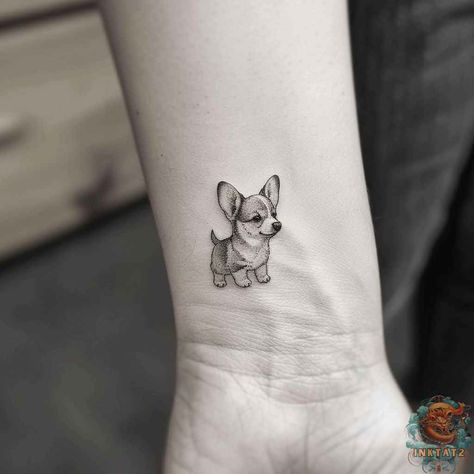 Fine Line Corgi Tattoo, Corgi Tattoo Minimalist, Corgi Ears Tattoo, Small Fluffy Dogs, Corgi Tattoo, Puppy Tattoo, Astronaut Tattoo, Dog Memorial Tattoos, The British Royal Family