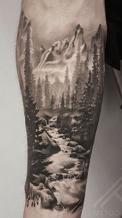 225+ Breathtaking Wilderness Tattoo Ideas (2023) - TattoosBoyGirl Mountain Sleeve Tattoo, Forest Tattoo Sleeve, Natur Tattoo Arm, Wilderness Tattoo, Tree Sleeve Tattoo, Tree Sleeve, Nature Tattoo Sleeve, Wolf Tattoo Sleeve, Forarm Tattoos