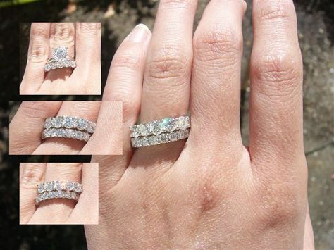 .08 each stone band vs .25 each stone band 5 Stone Diamond Ring Stack, Solitaire Ring Stack, Diamon Ring, Diamond Ring Stack, 5 Stone Diamond Ring, Ring Redesign, Wedding Band Ideas, Luxury Wedding Rings, Dream Wedding Ring