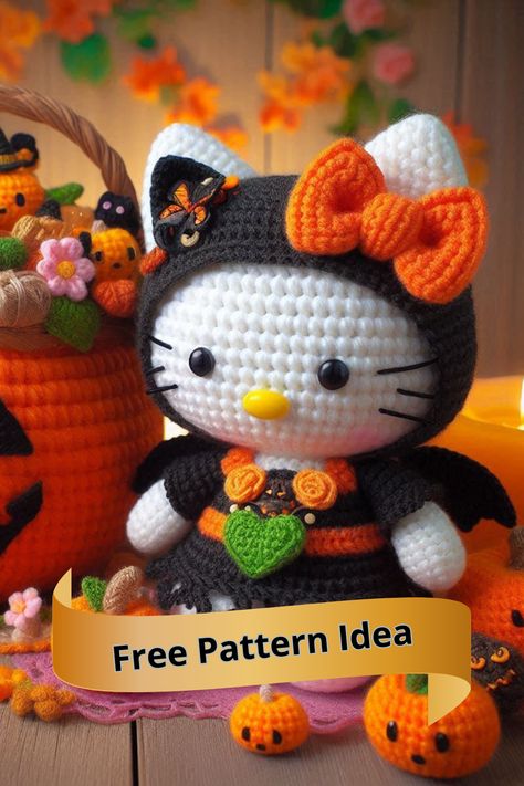 Create a spooky cute Halloween Hello Kitty Amigurumi with this crochet pattern! Perfect for festive decorations or gifts. Crochet Bulky Yarn Amigurumi, Crochet Hello Kitty Pattern, Free Hello Kitty Crochet Patterns, Amigurumi Halloween Free Pattern, Crochet Hello Kitty Free Pattern, Free Crochet Halloween Patterns, Hello Kitty Amigurumi Free Pattern, Hello Kitty Crochet Pattern Free, Spooky Amigurumi