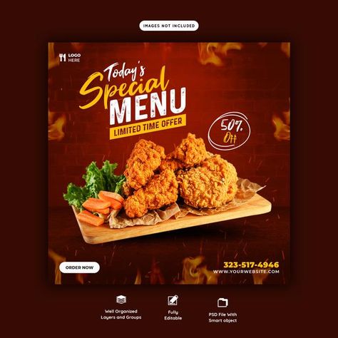 Food menu and restaurant social media po... | Free Psd #Freepik #freepsd #banner #food #menu #sale Restaurant Social Media Ideas, Free Menu Templates, Fried Chicken Restaurant, Menu Sans Gluten, Restaurant Social Media, Chicken Menu, Menu Flyer, Restaurant Menu Template, Food Menu Design