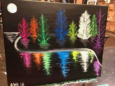 Christmas lights Christmas Light Painting, Christmas Lights Painting, Christmas Lights Art, Lights Painting, Christmas Preschool, Christmas Canvas Art, 5th Grade Art, Oil Pastel Art, Canvas Painting Designs