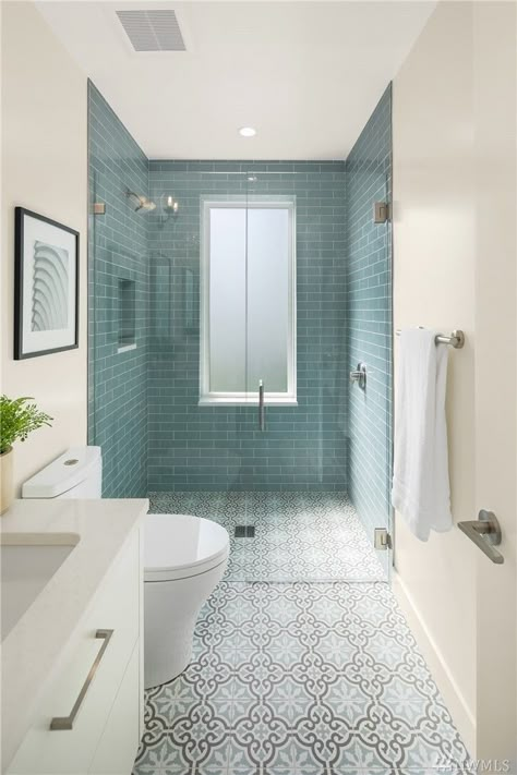 Small Shower Room Tiling Ideas, Light Blue Green Bathroom, Colorful Shower Tile Ideas, Printed Tile Bathroom, White And Wood Bathroom, Greek Bathroom, Long Narrow Bathroom, Modern Boho Bathroom, Bathroom Redesign