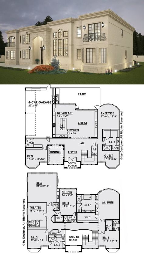 https://www.houseplans.com/plan/6765-square-feet-5-bedroom-7-bathroom-4-garage-classical-mediterranean-sp124515 Mansion Floor Plan Modern, Sims Mansion Floor Plans, Mansion Layout Floor Plans, Classic House Plans, House Structure Design, Luxury Floor Plans, Luxury Houses Mansions, Sims 4 House Plans, Home Door Design