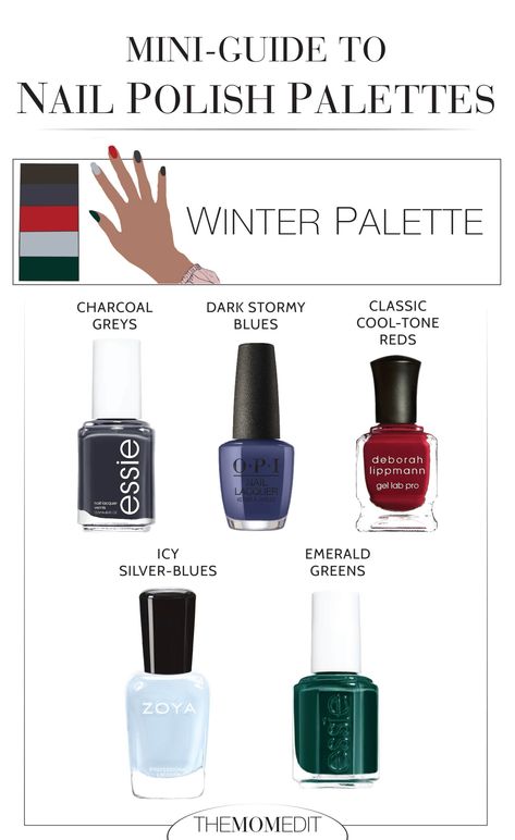 CHIC & SUBTLE RAINBOW NAILS: AN AT-HOME MANICURE IN FALL & WINTER COLORS | We're giving our at-home manicures a special je ne sais quoi. Nails in fall & winter rainbow colors — Here's all the polish for 2 chic, subtle palettes. | #TheMomEditStyle #NailPolishColors2020 #EssieNailColor #GoodNailPolishBrands #RainbowNailPolish #NailColors2020 #BestFallNailColors2020 #2020FallNailColors #BestAtHomeManicure #ChristmasManicureIdeas Cool Winter Nail Polish, Nails For Deep Winter, True Winter Nail Polish, Bright Winter Nail Polish, Cool Winter Color Palette Nails, Hoc Sultry Winter, Nail Colors For Deep Winter, Winter Nail Palette, House Of Colour Winter Nails